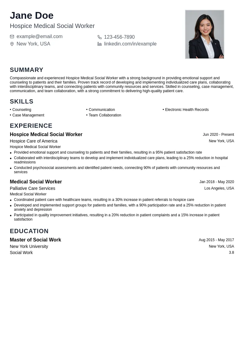 Hospice Medical Social Worker resume example