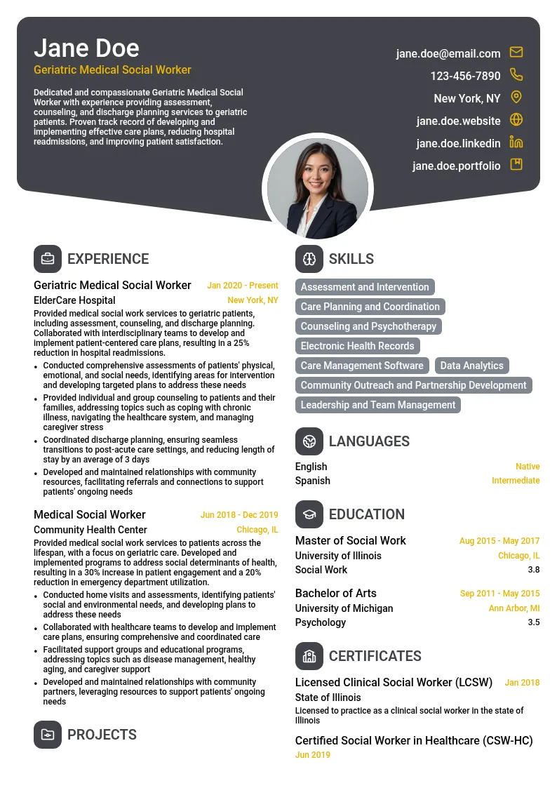 Geriatric Medical Social Worker resume example