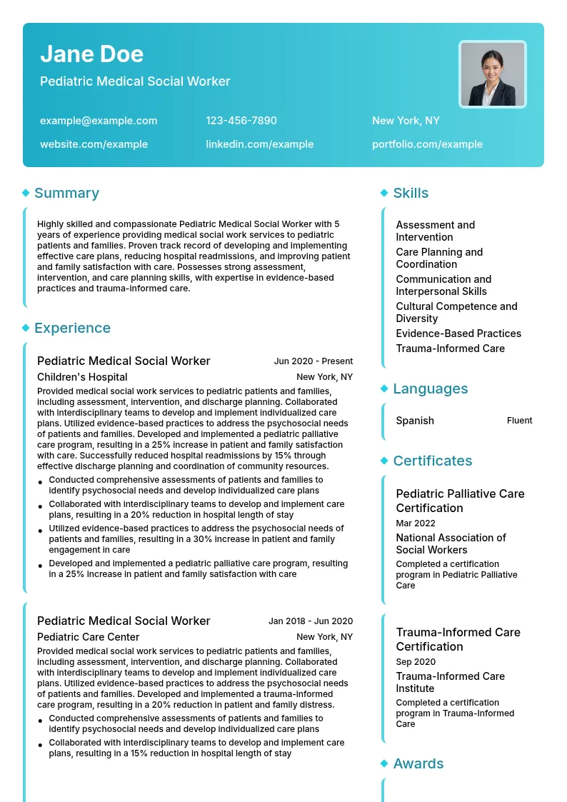 Pediatric Medical Social Worker resume example