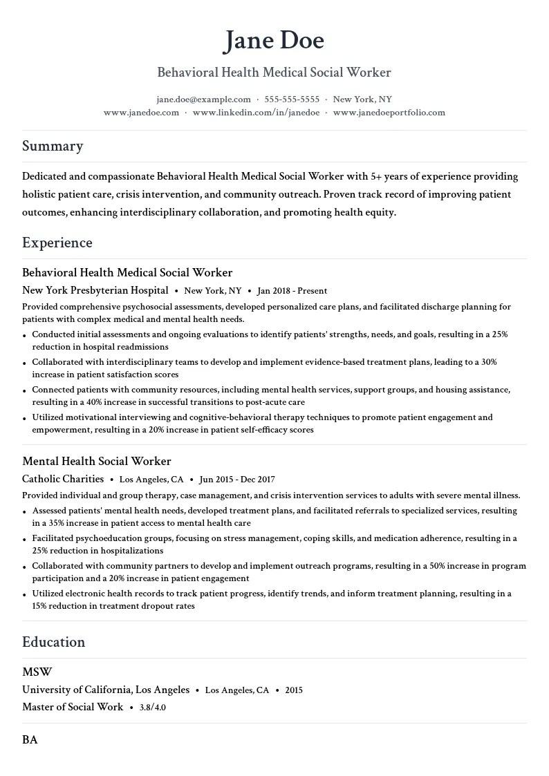 Behavioral Health Medical Social Worker resume example