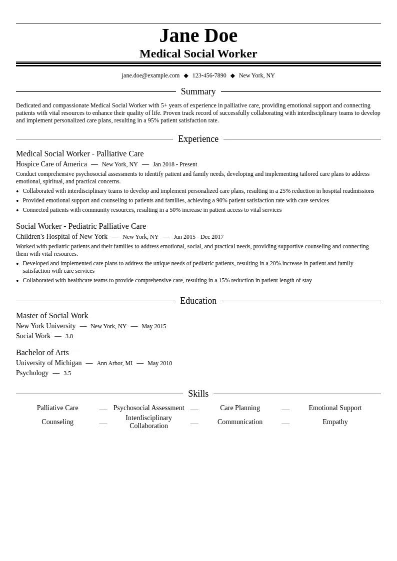 Medical Social Worker - Palliative Care resume example