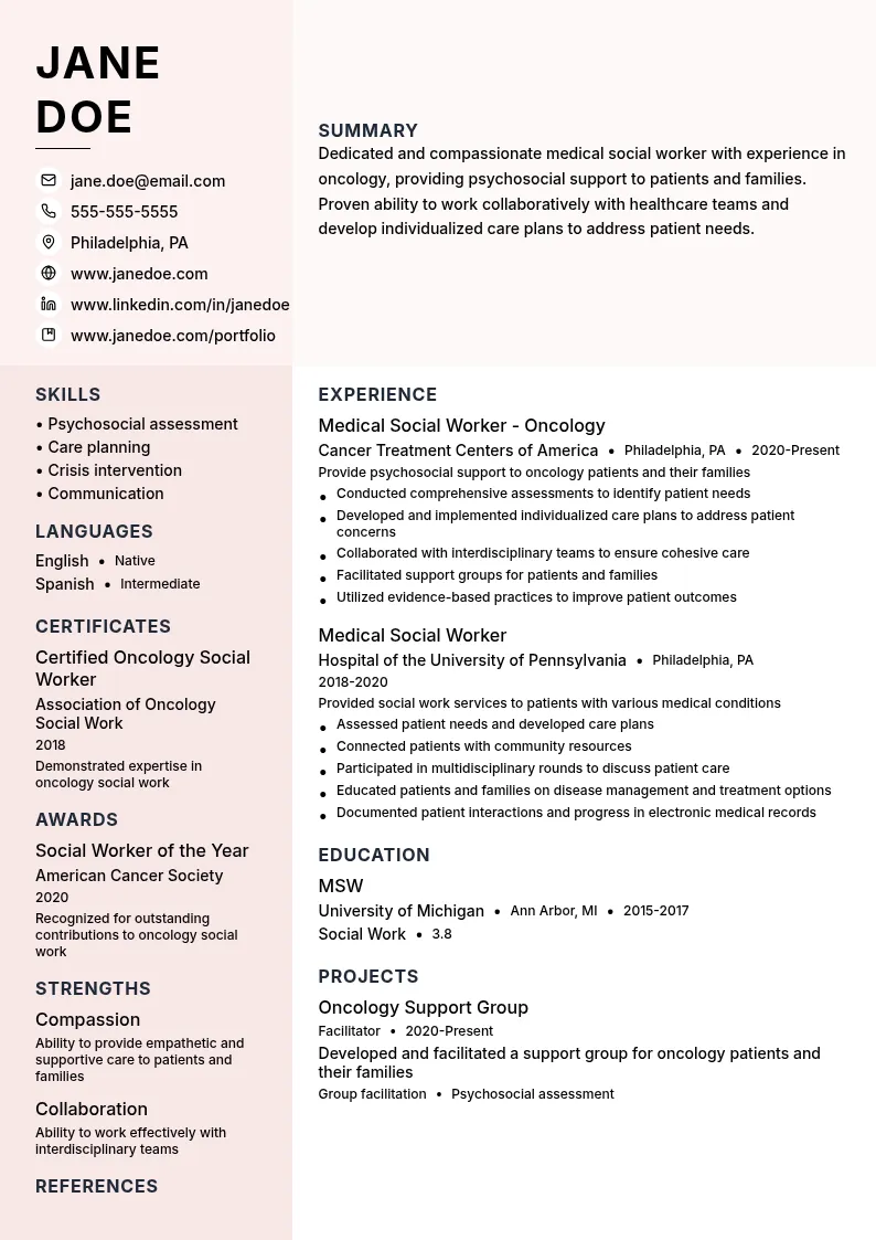 Medical Social Worker - Oncology resume example