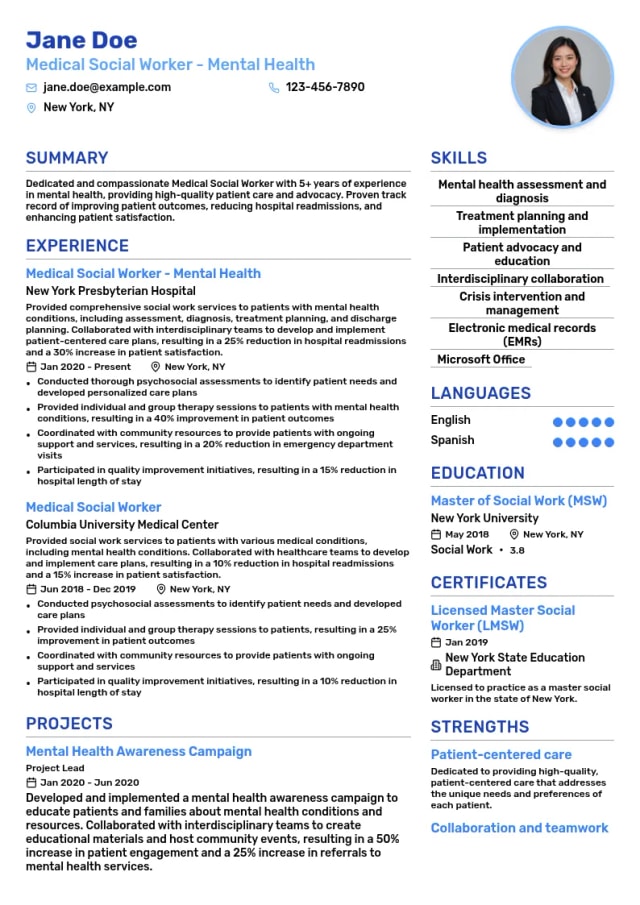 Medical Social Worker - Mental Health resume example