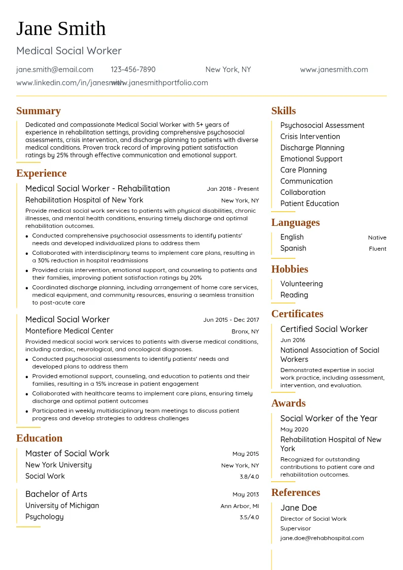 Medical Social Worker - Rehabilitation resume example