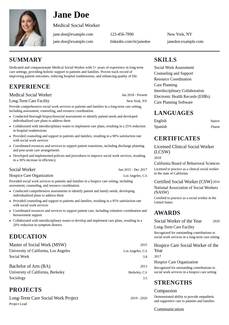 Medical Social Worker - Long-Term Care resume example