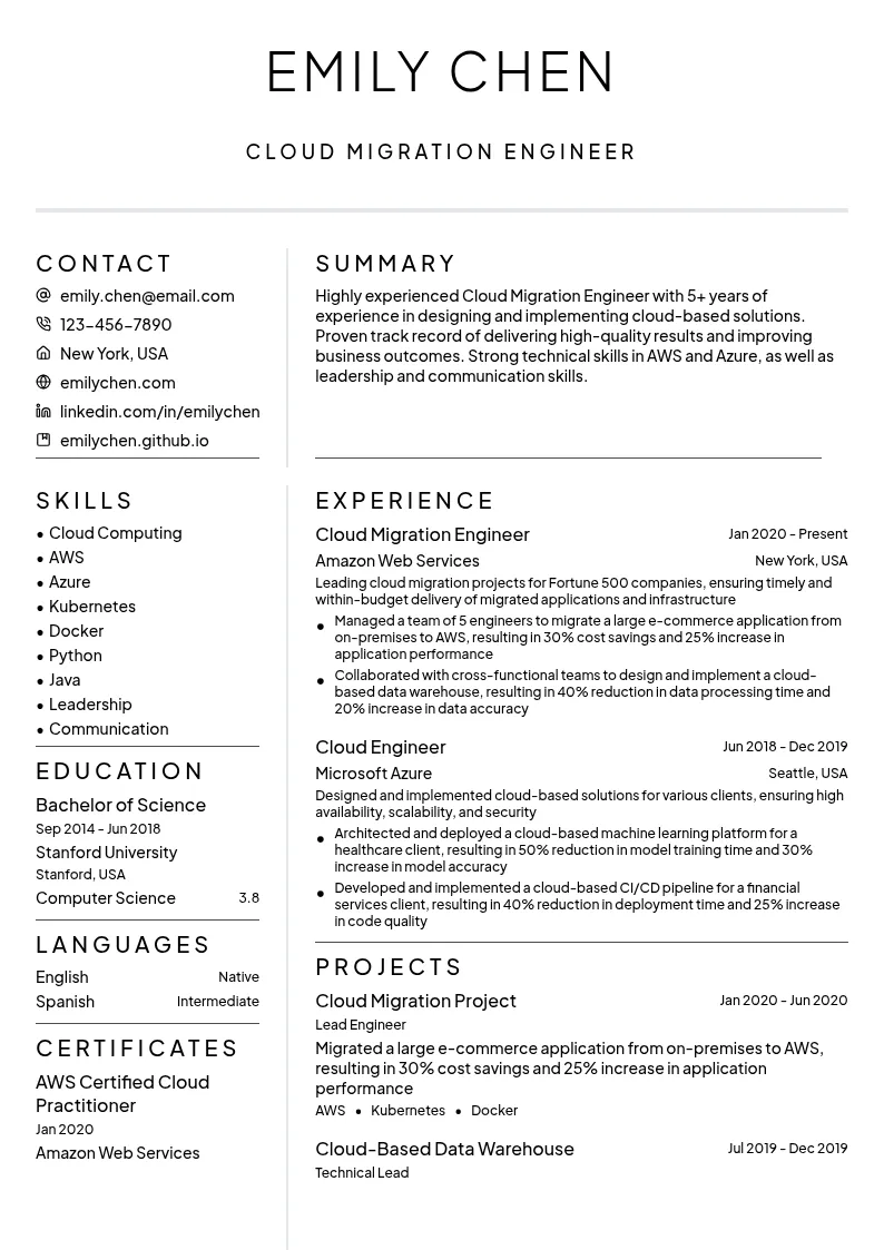 Cloud Migration Engineer resume example
