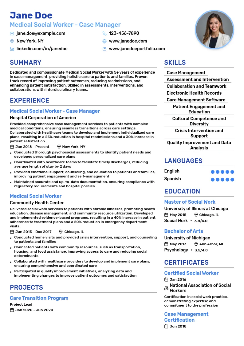 Medical Social Worker - Case Manager resume example