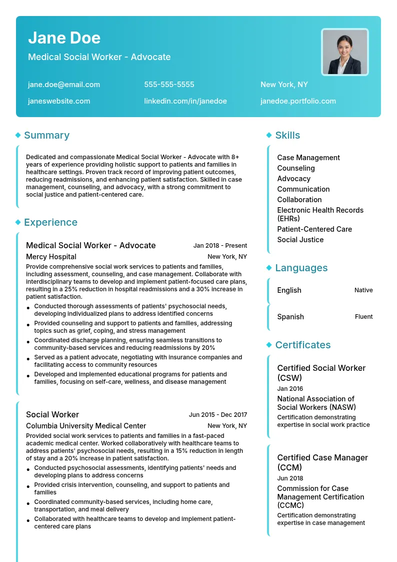 Medical Social Worker - Advocate resume example