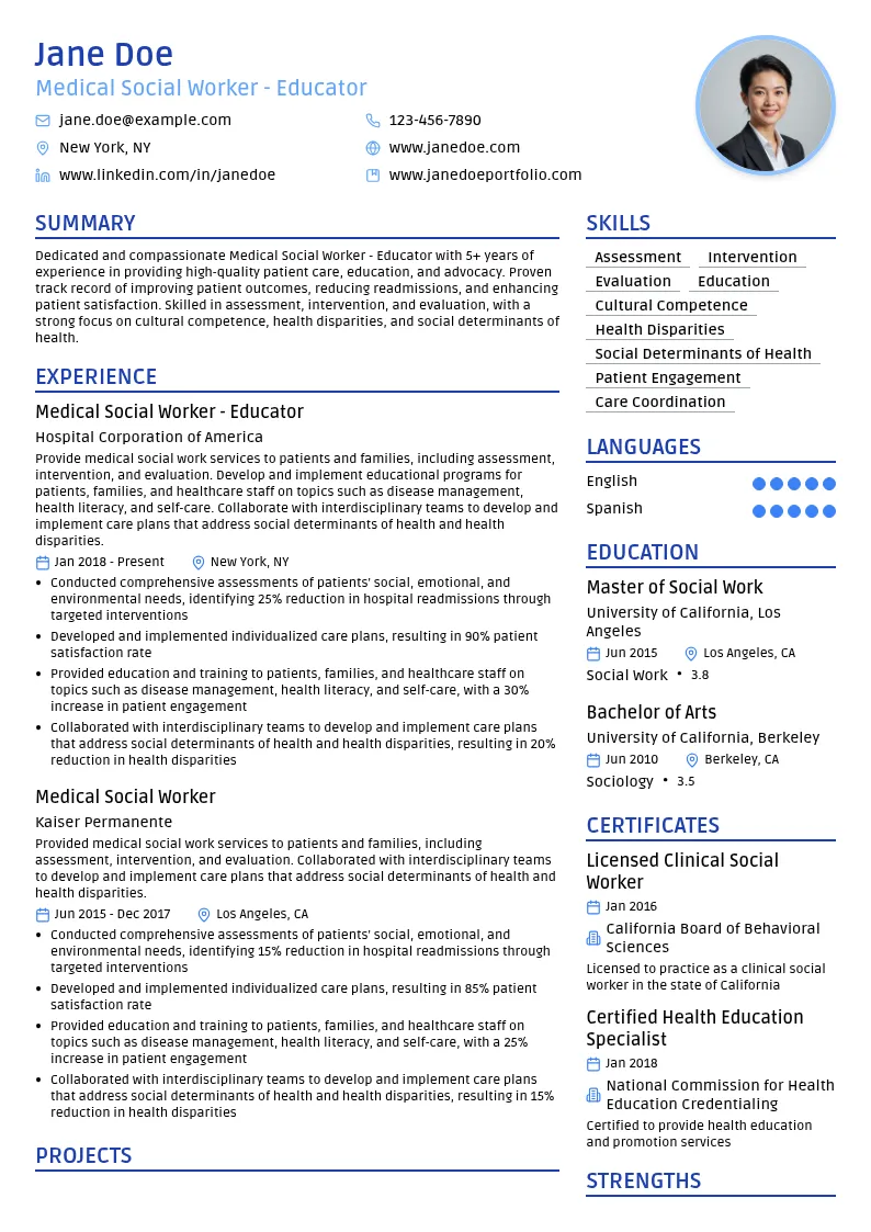 Medical Social Worker - Educator resume example