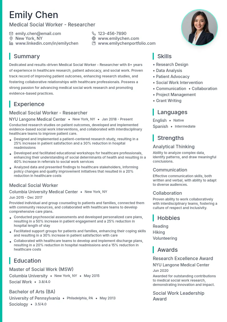 Medical Social Worker - Researcher resume example