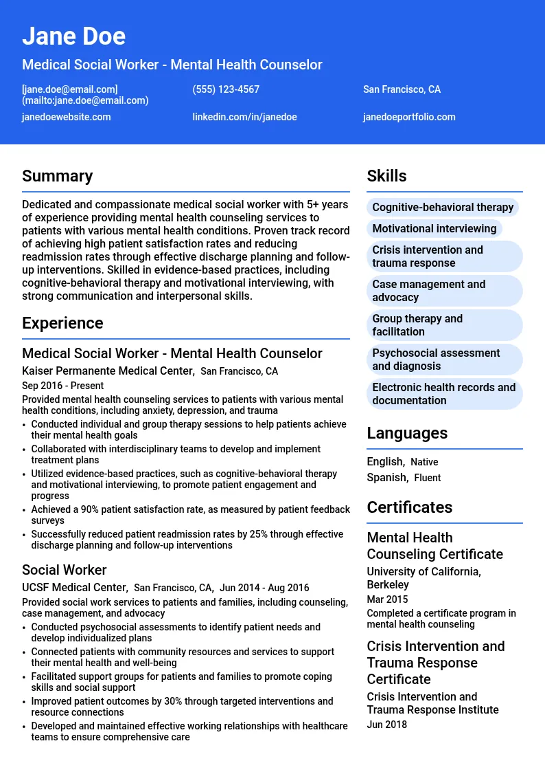 Medical Social Worker - Mental Health Counselor resume example