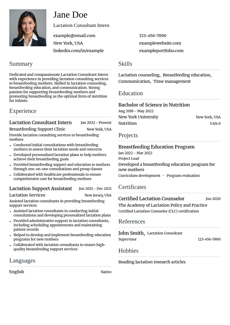 Lactation Consultant Intern resume example