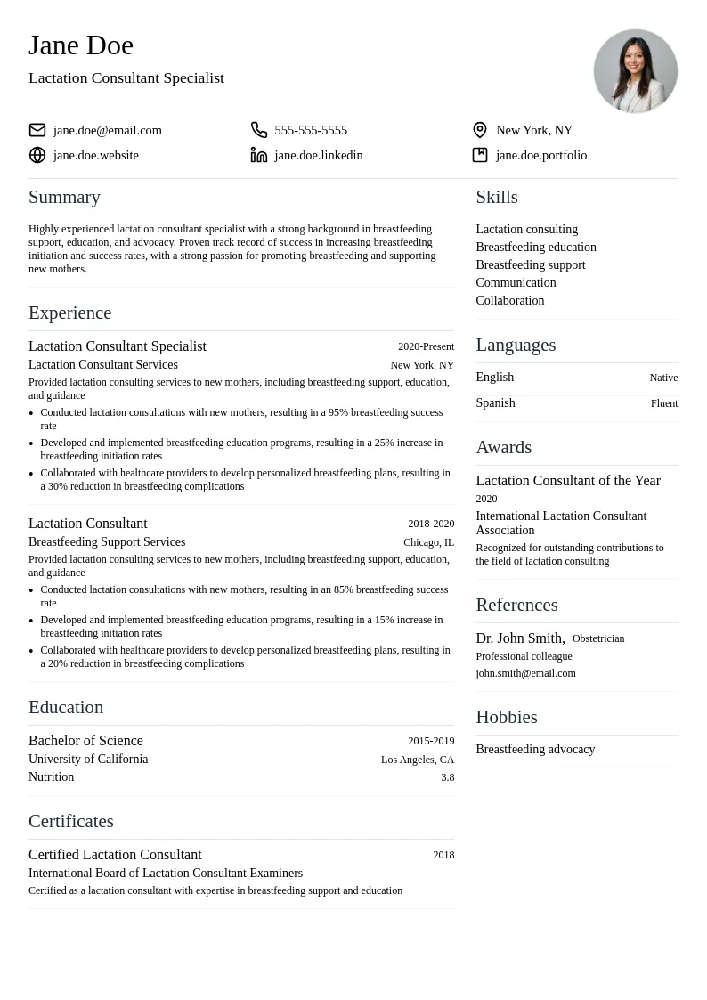 Lactation Consultant Specialist resume example