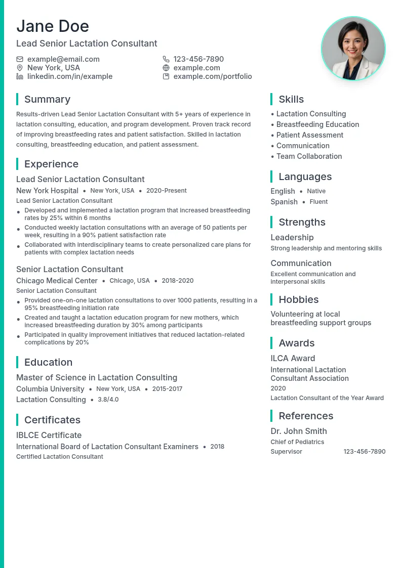 Lead Senior Lactation Consultant resume example