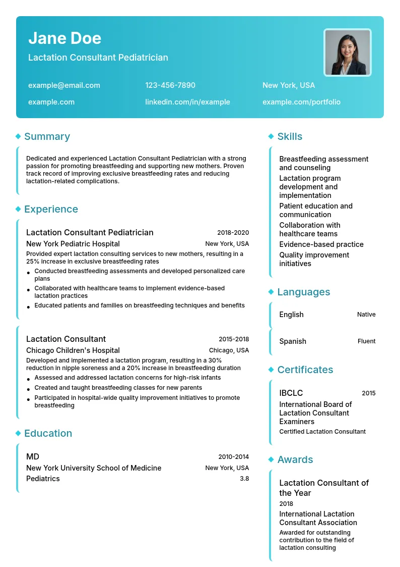 Lactation Consultant Pediatrician resume example