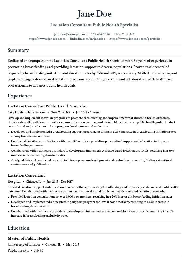 Lactation Consultant Public Health Specialist resume example