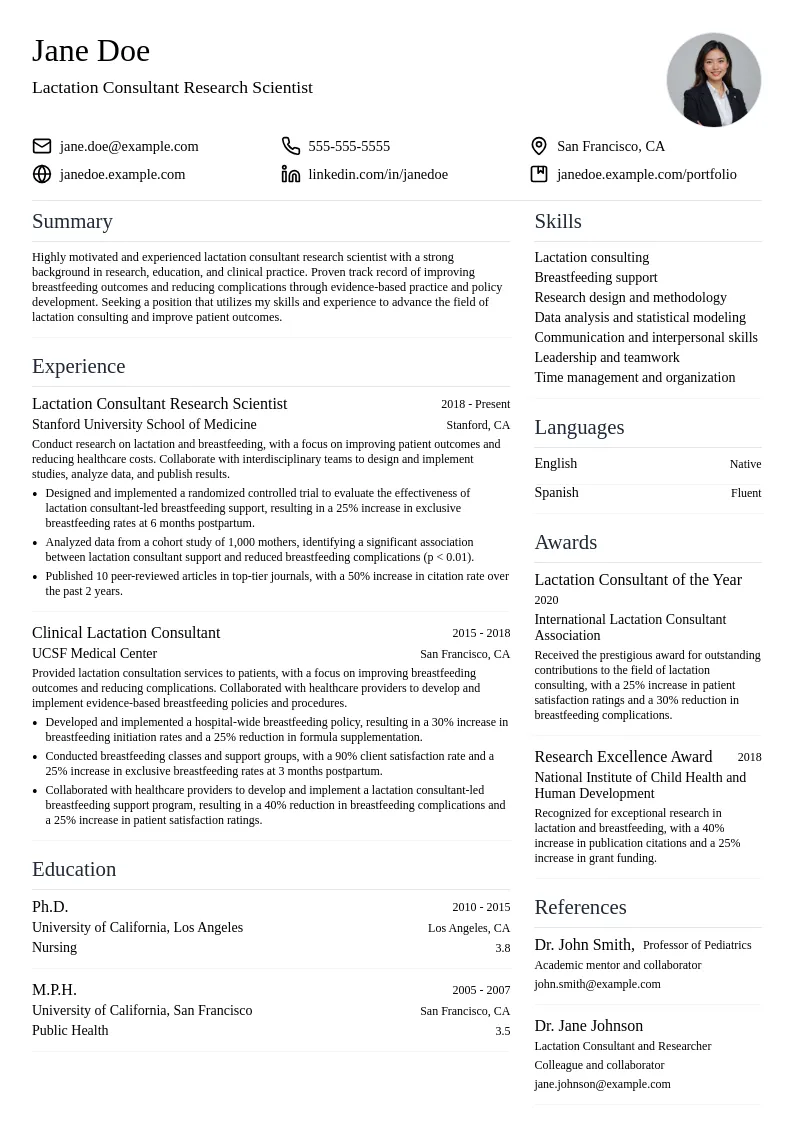 Lactation Consultant Research Scientist resume example