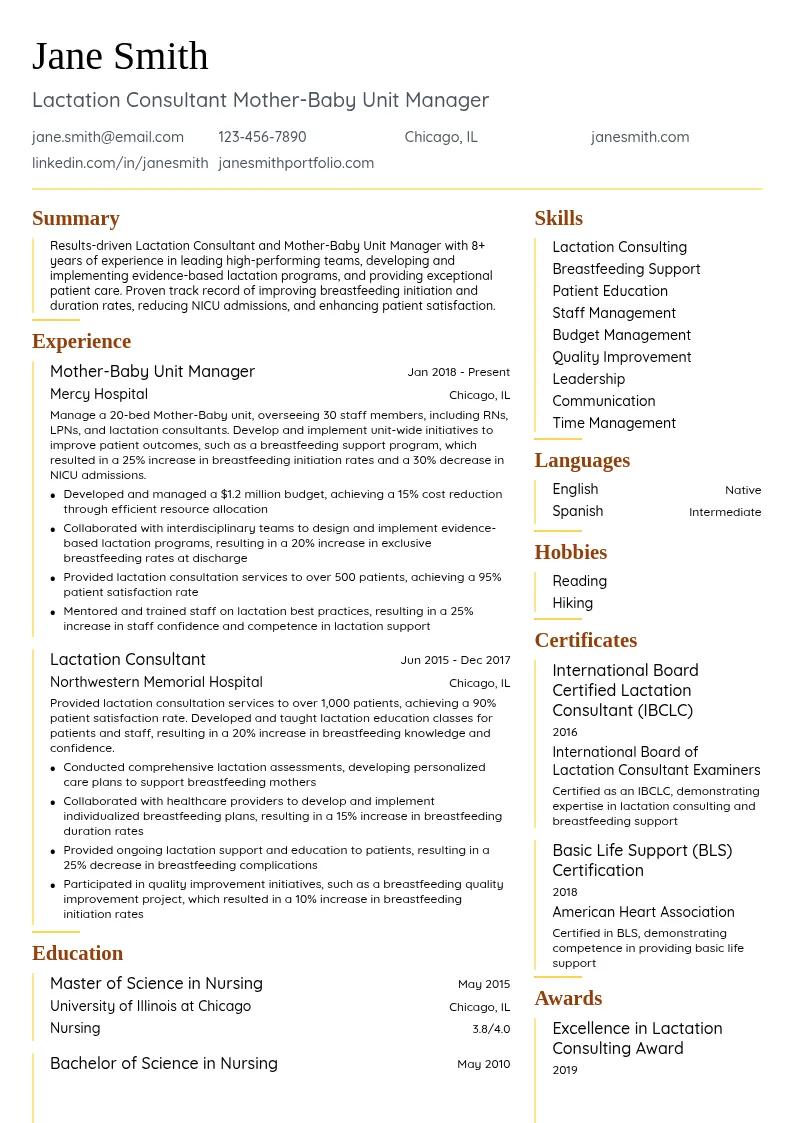 Lactation Consultant Mother-Baby Unit Manager resume example