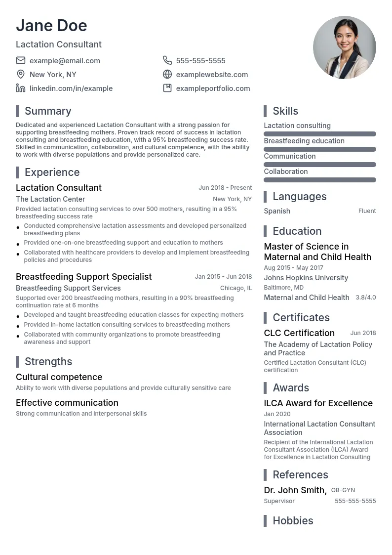 Lactation Consultant Breastfeeding Support Specialist resume example