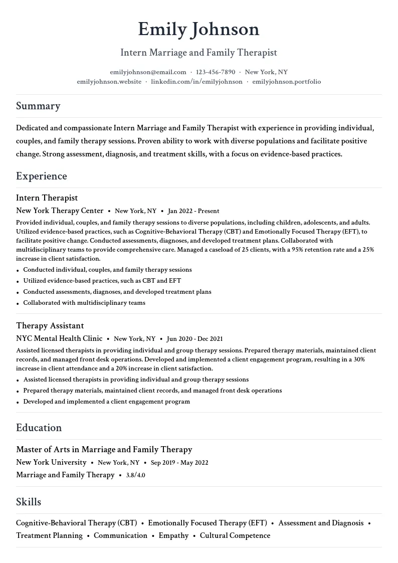 Intern Marriage and Family Therapist resume example