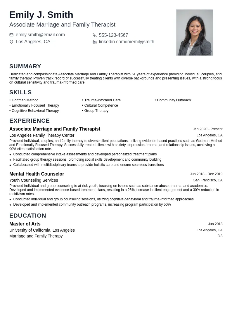 Associate Marriage and Family Therapist resume example