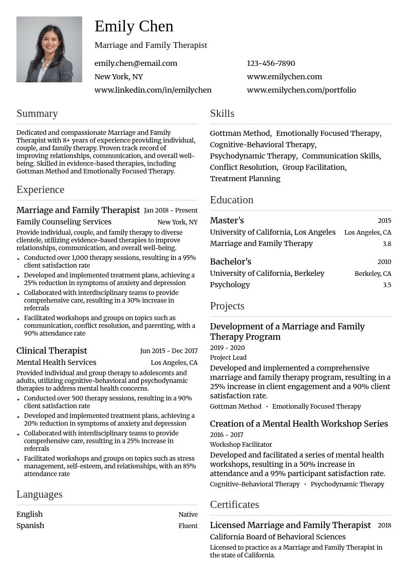 Marriage and Family Therapist resume example