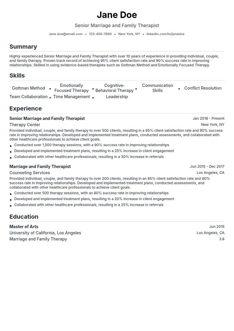 Senior Marriage and Family Therapist resume example
