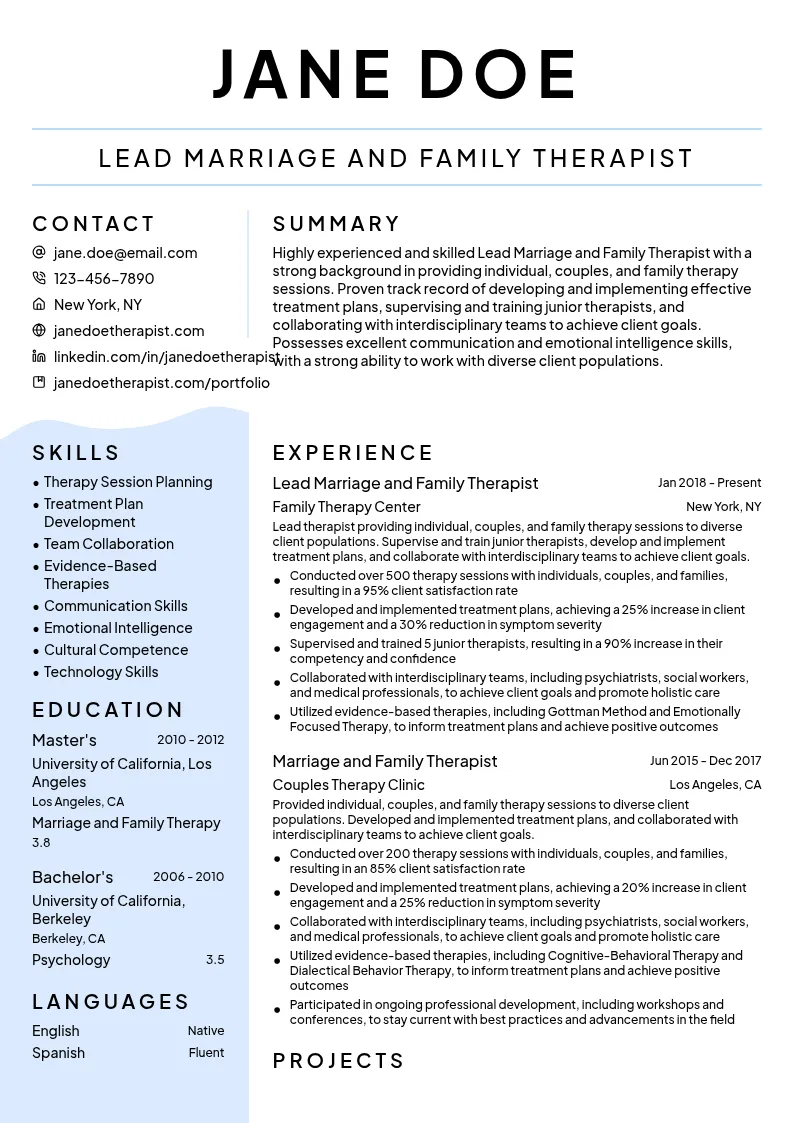Lead Marriage and Family Therapist resume example
