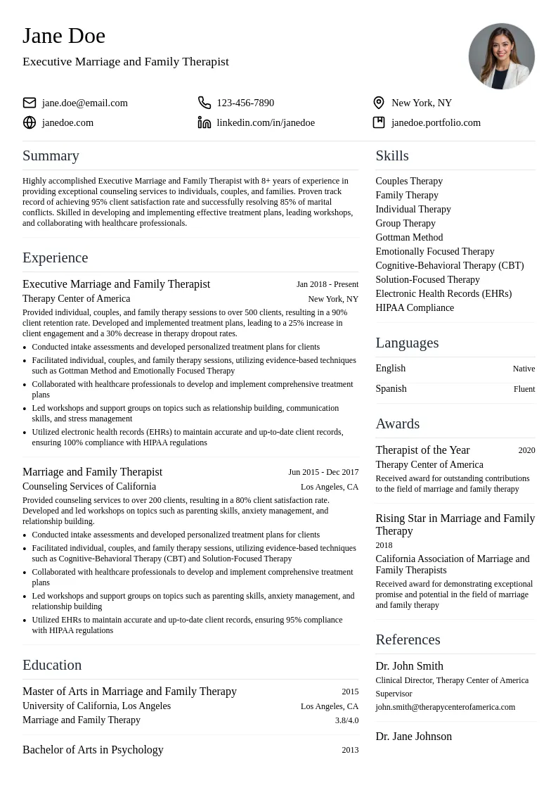 Executive Marriage and Family Therapist resume example