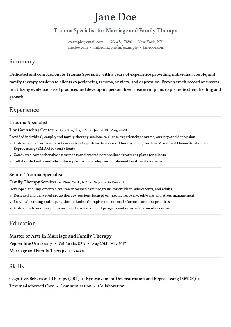 Trauma Specialist for Marriage and Family Therapy resume example