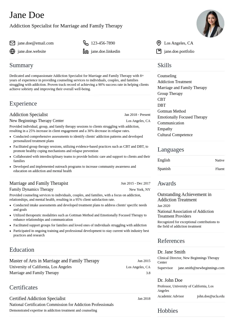 Addiction Specialist for Marriage and Family Therapy resume example