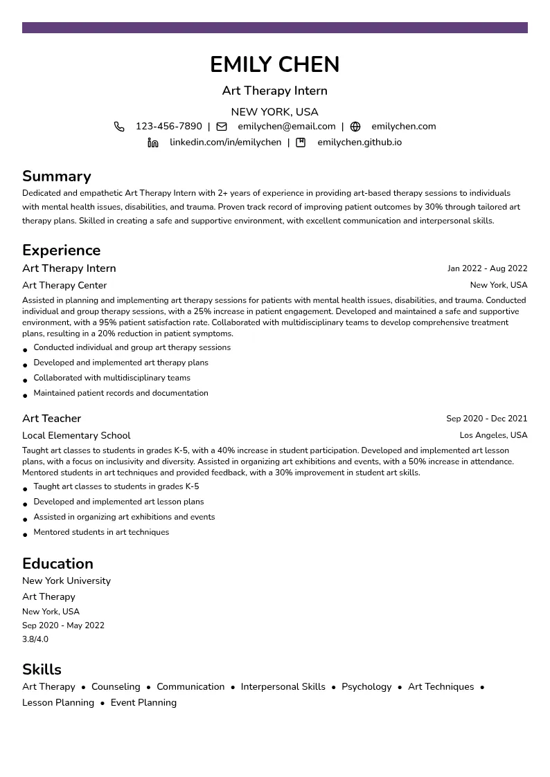 Art Therapy Intern resume example