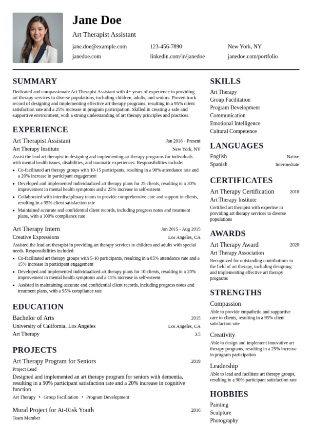Art Therapist Assistant resume example