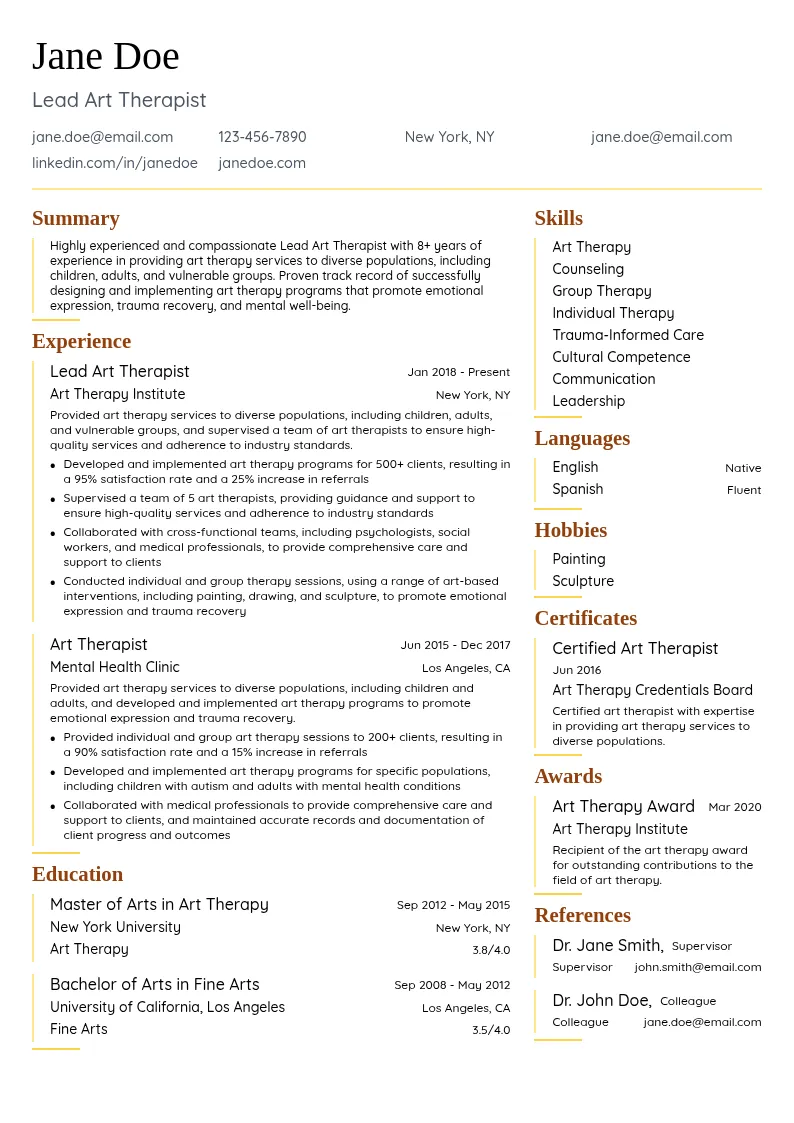Lead Art Therapist resume example