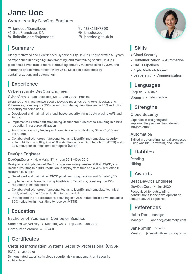 Cybersecurity DevOps Engineer resume example
