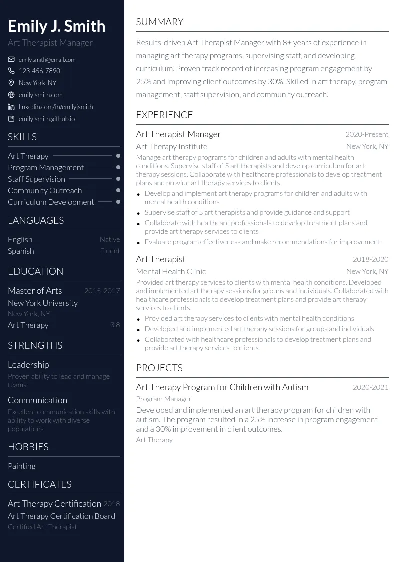 Art Therapist Manager resume example