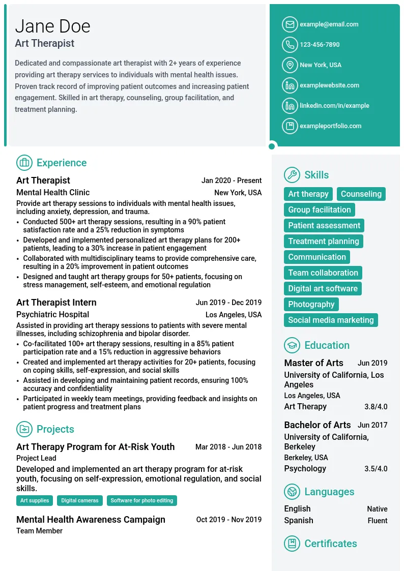 Art Therapist for Mental Health resume example