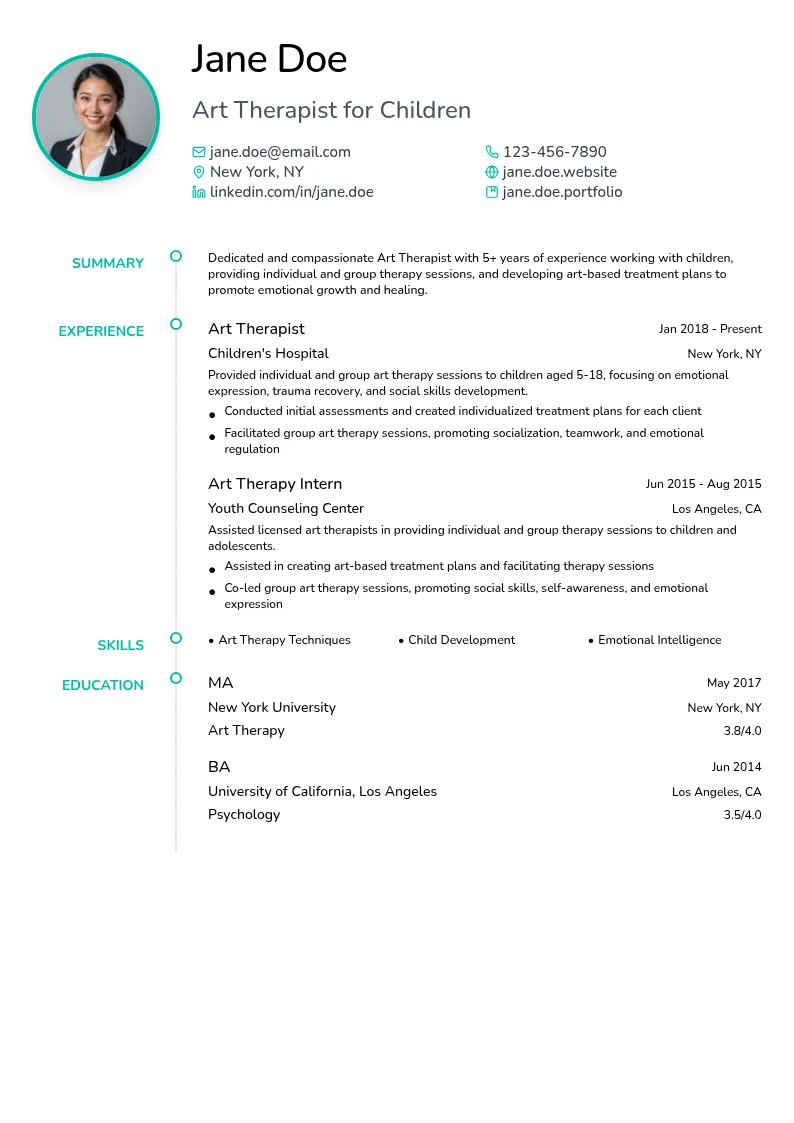 Art Therapist for Children resume example