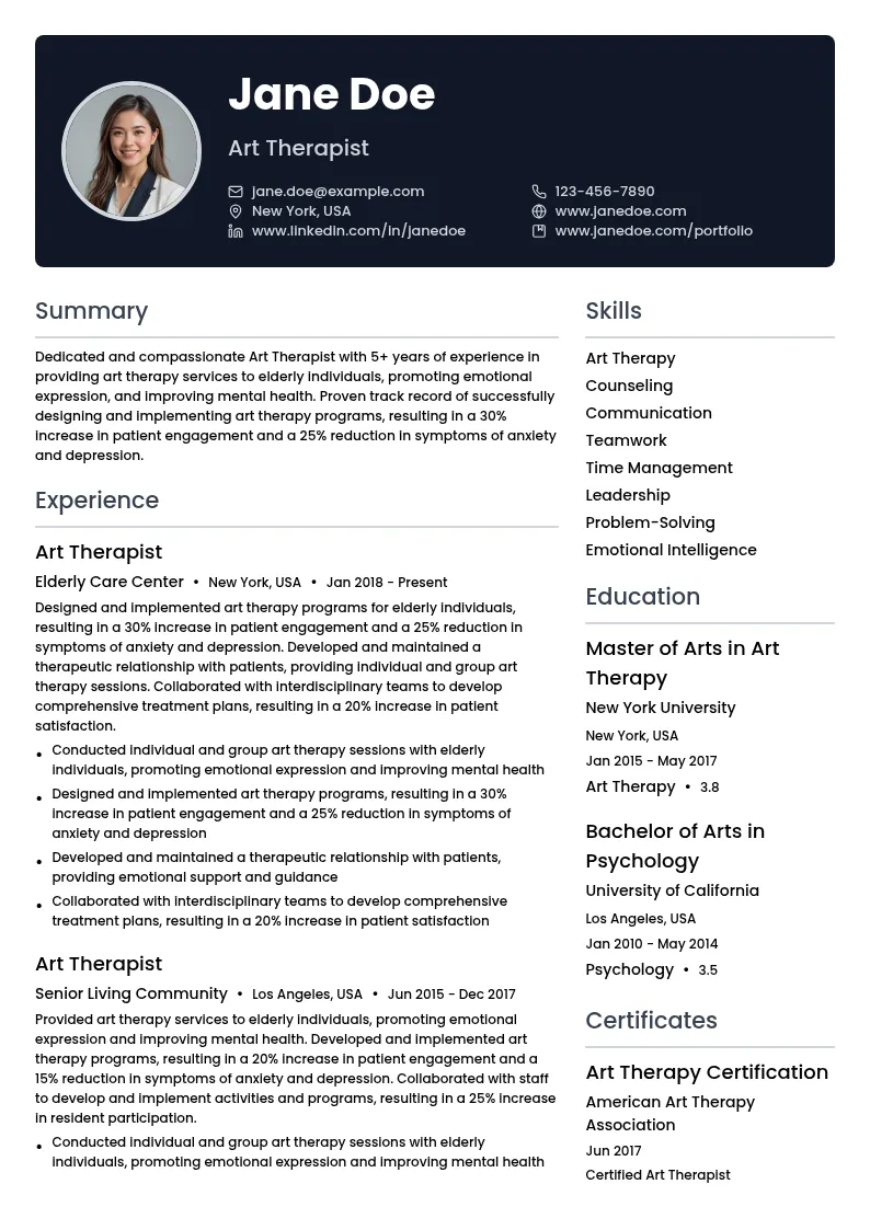 Art Therapist for Elderly resume example