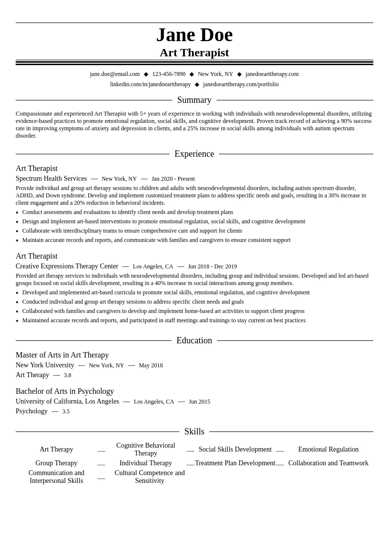 Art Therapist for Neurodevelopmental Disorders resume example