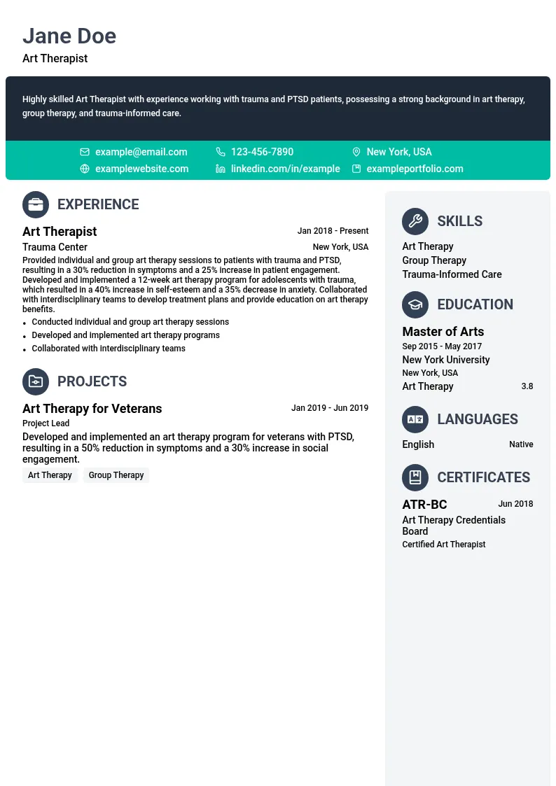 Art Therapist for Trauma and PTSD resume example