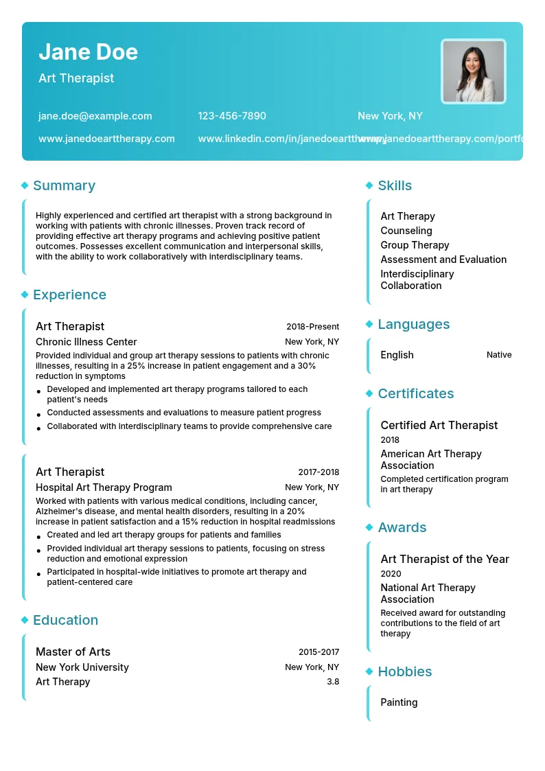 Art Therapist for Chronic Illness resume example