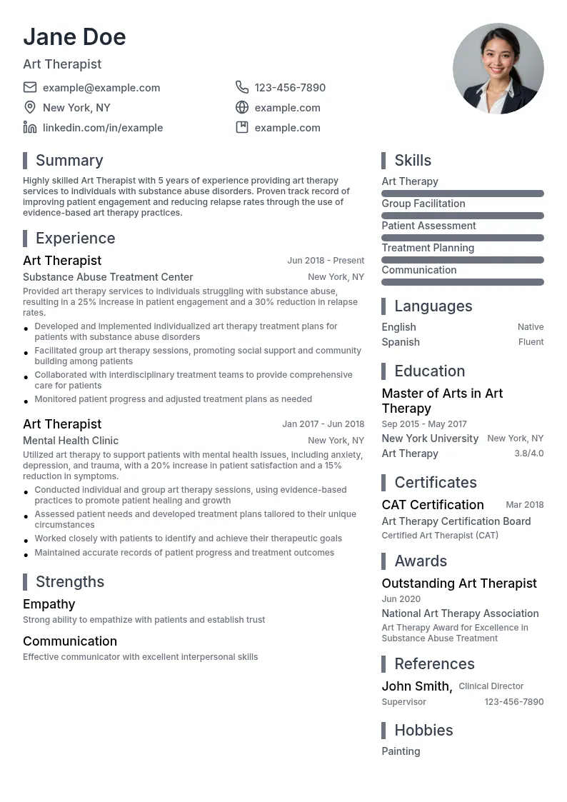 Art Therapist for Substance Abuse resume example