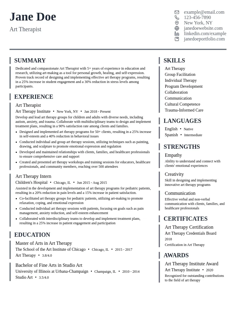Art Therapist for Education and Research resume example