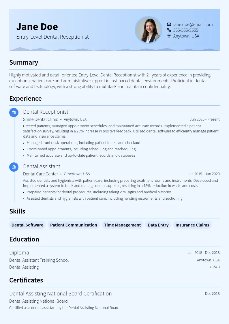 Entry-Level Dental Receptionist resume example