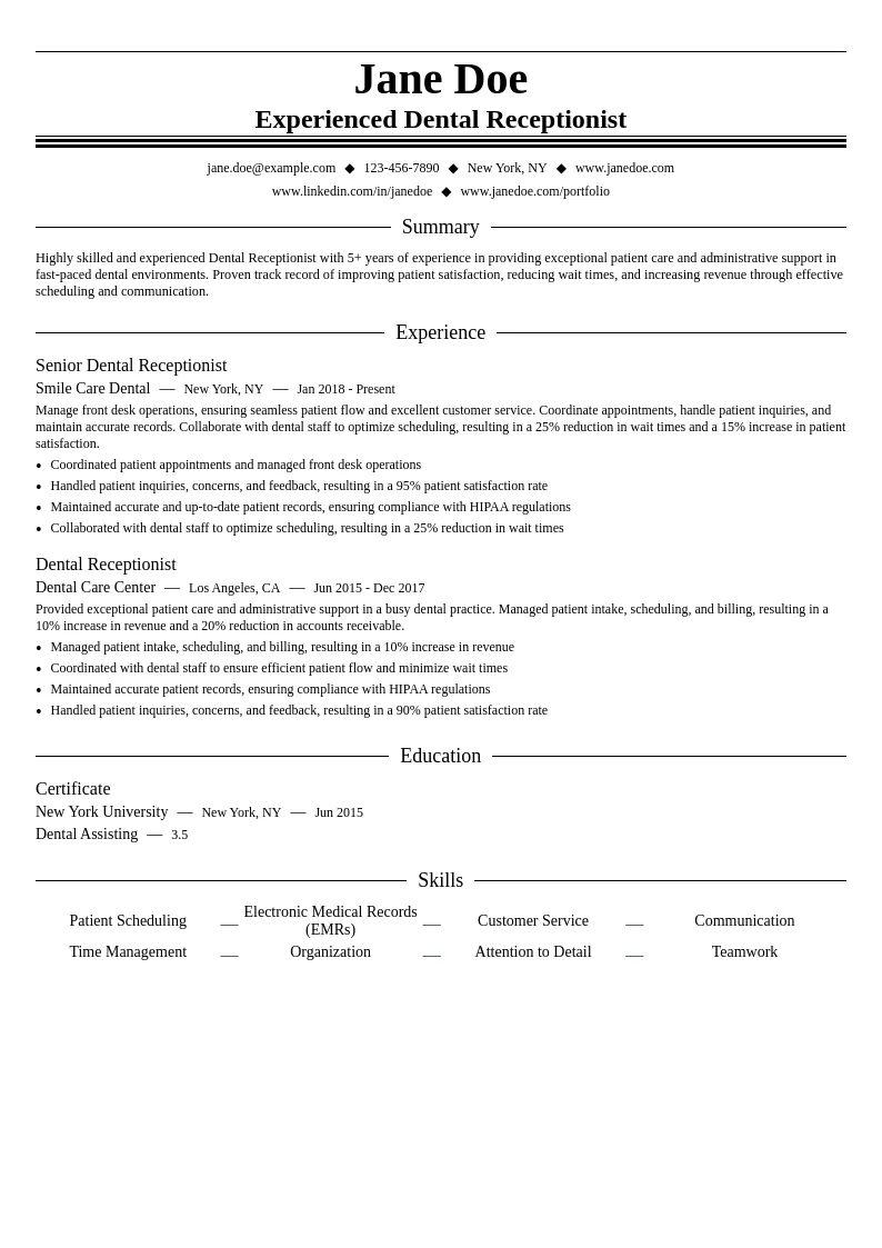 Experienced Dental Receptionist resume example