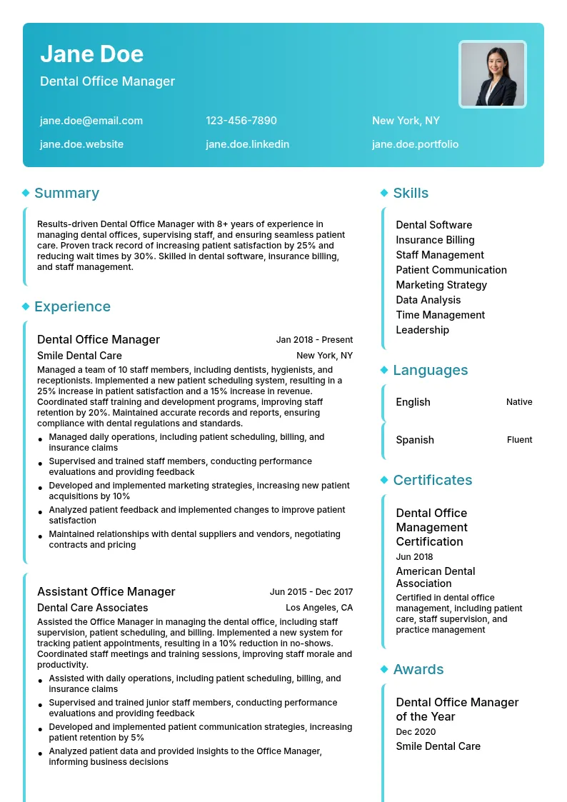 Dental Office Manager resume example