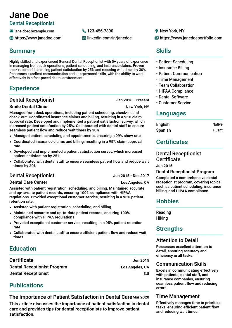 General Dental Reception resume example