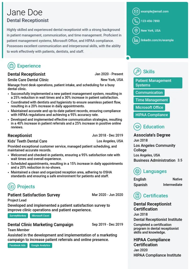 Pediatric Dentistry Reception resume example