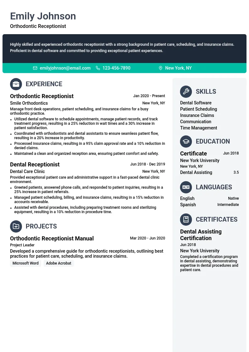 Orthodontic Reception resume example